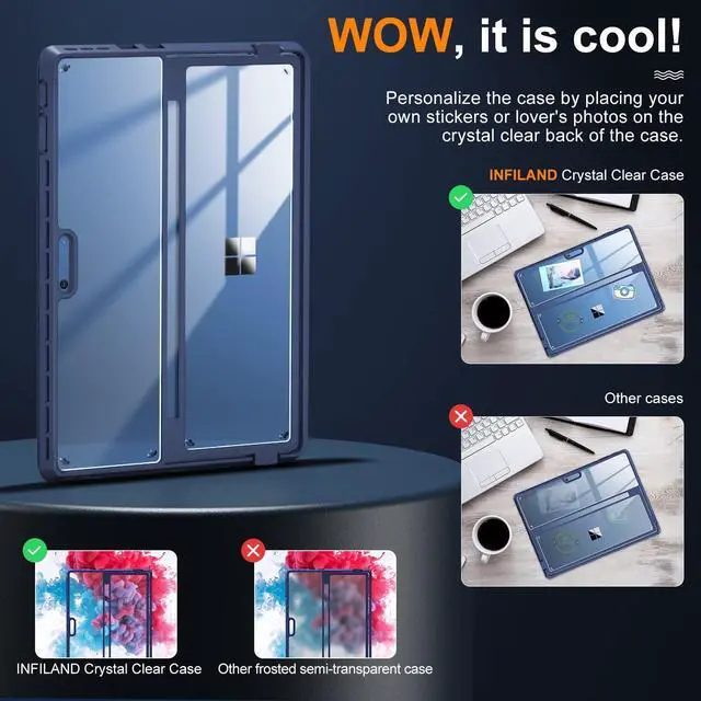 Alt view image 5 of 5 - INFILAND Case, Crystal Clear Multi-Angle Shockproof for Microsoft Surface Pro 9/10, Compatible with Surface Pro Signature Keyboard & Slim Pen 2, Blue