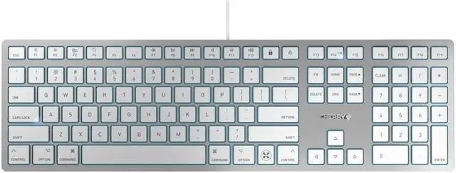 Main image of Cherry KC 6000 C Slim Keyboard Made with Mac Layout. Scissor Tech Typing for Near Silent. Alternative to Magic Keyboards. USB-C Wired. US Layout White and Silver.