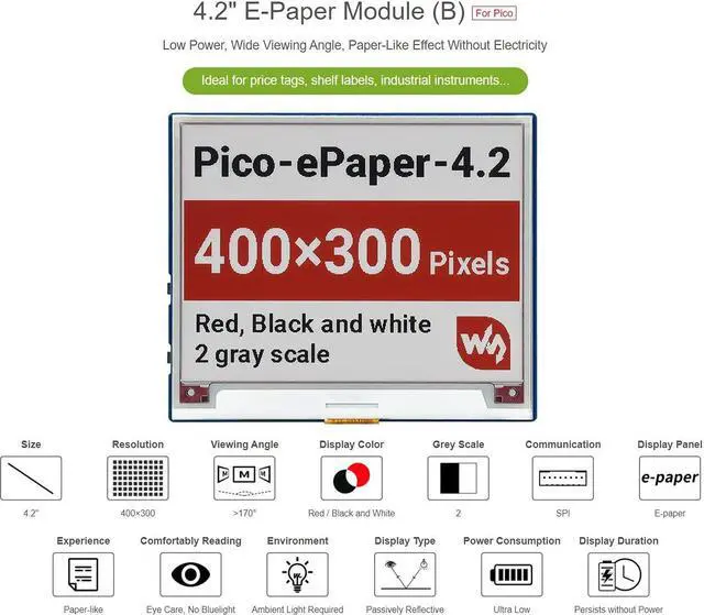 Alt view image 3 of 5 - Waveshare 4.2inch E-Paper E-Ink Display Module (B) for Raspberry Pi Pico 400×300 Pixels Red/Black/White with SPI Interface