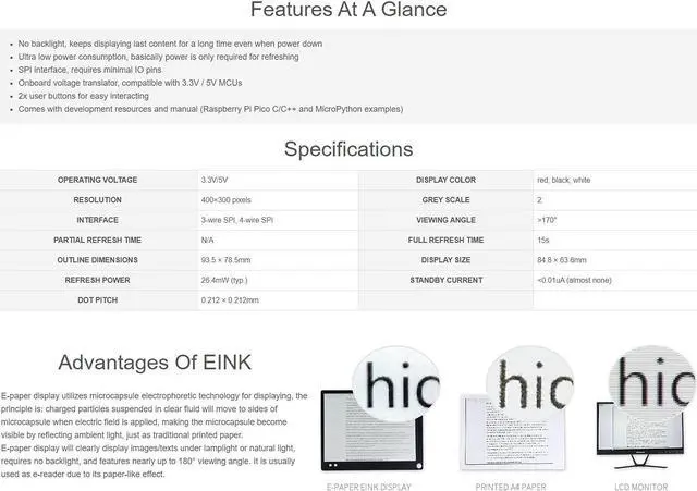 Alt view image 4 of 5 - Waveshare 4.2inch E-Paper E-Ink Display Module (B) for Raspberry Pi Pico 400×300 Pixels Red/Black/White with SPI Interface