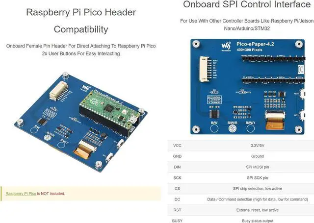 Alt view image 5 of 5 - Waveshare 4.2inch E-Paper E-Ink Display Module (B) for Raspberry Pi Pico 400×300 Pixels Red/Black/White with SPI Interface
