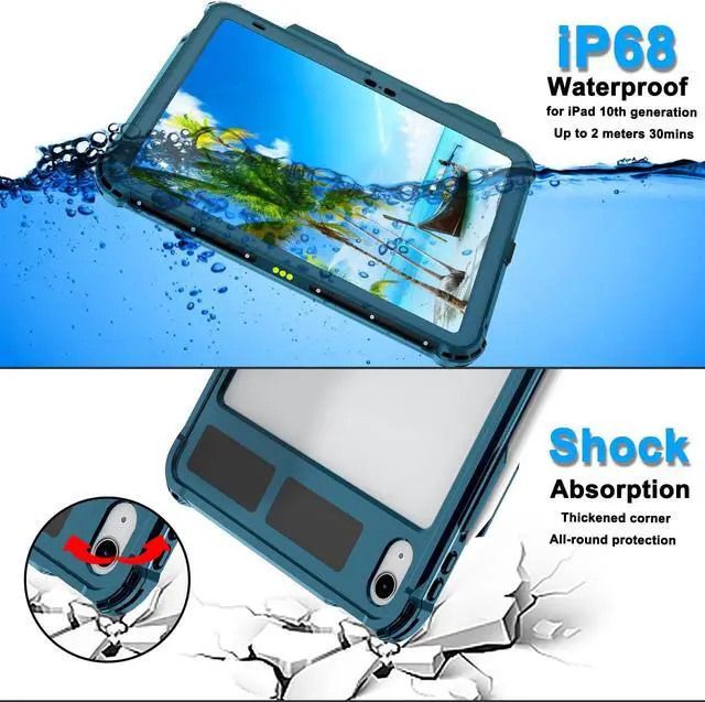 Alt view image 2 of 5 - ShellBox Case iPad 10th Gen 10.9 inch Waterproof Case, Full-Body Heavy Duty Shockproof Protective Cover with Kickstand Built-in Screen Protector Pencil Holder Shoulder Strap