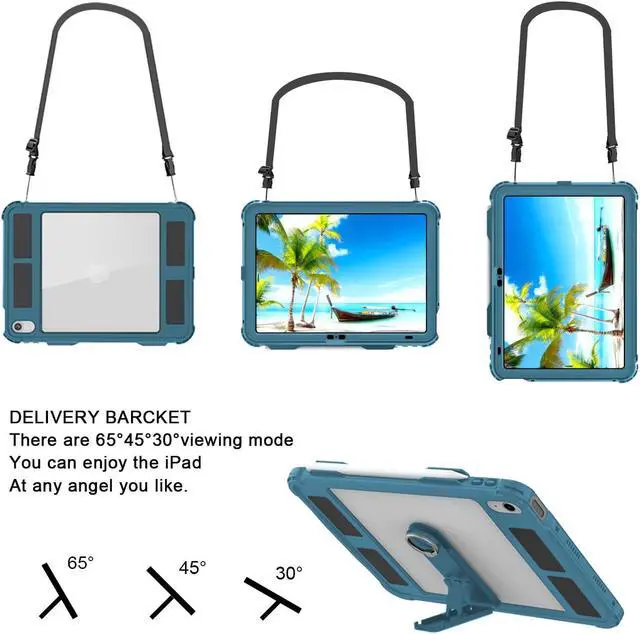 Alt view image 3 of 5 - ShellBox Case iPad 10th Gen 10.9 inch Waterproof Case, Full-Body Heavy Duty Shockproof Protective Cover with Kickstand Built-in Screen Protector Pencil Holder Shoulder Strap