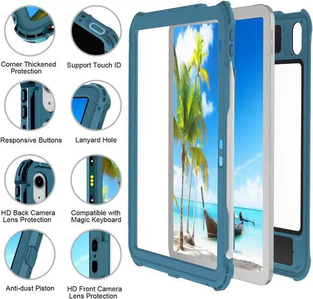Alt view image 5 of 5 - ShellBox Case iPad 10th Gen 10.9 inch Waterproof Case, Full-Body Heavy Duty Shockproof Protective Cover with Kickstand Built-in Screen Protector Pencil Holder Shoulder Strap