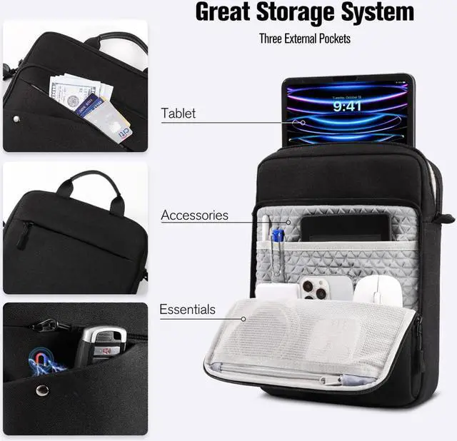 Alt view image 3 of 5 - MoKo 9-11 Inch iPad Bag Tablet Carrying Case, 360° Protective Tablet Sleeve Travel Case with Shoulder Strap, Fits New iPad Air/Pro 11 inch 2024, i-Pad 10th/Air 5/4th 10.9, i-Pad 9/8. 10.2, Black