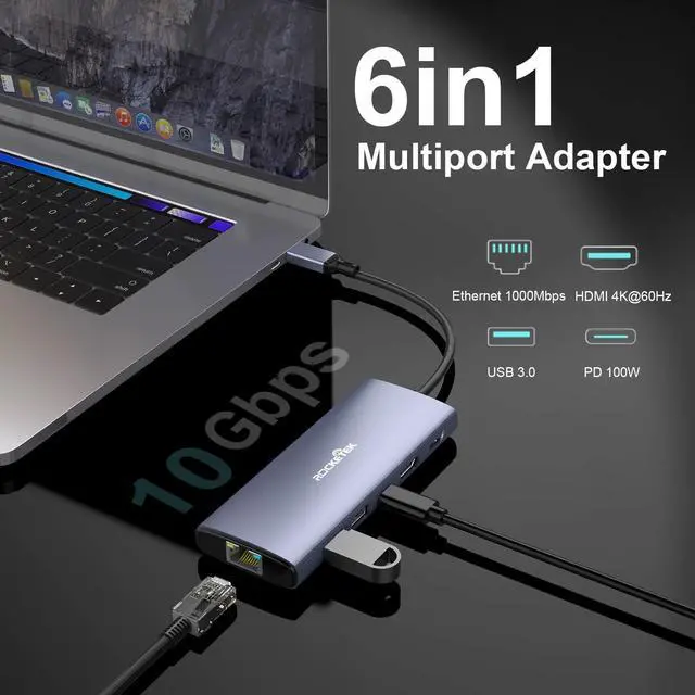 Alt view image 2 of 5 - 4K@60Hz USB C Hub with Ethernet, 6-in-1 Multiport Adapter with 4K@60Hz HDMI, 10Gbps USB3.0, 100W PD Charging and Gigabit Ethernet, MacBook Docking Station Compatible with Mac M1, M2, iPad, Steam Deck