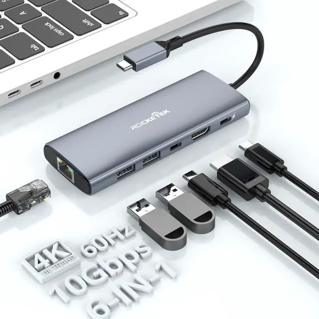 Main image of 4K@60Hz USB C Hub with Ethernet, 6-in-1 Multiport Adapter with 4K@60Hz HDMI, 10Gbps USB3.0, 100W PD Charging and Gigabit Ethernet, MacBook Docking Station Compatible with Mac M1, M2, iPad, Steam Deck
