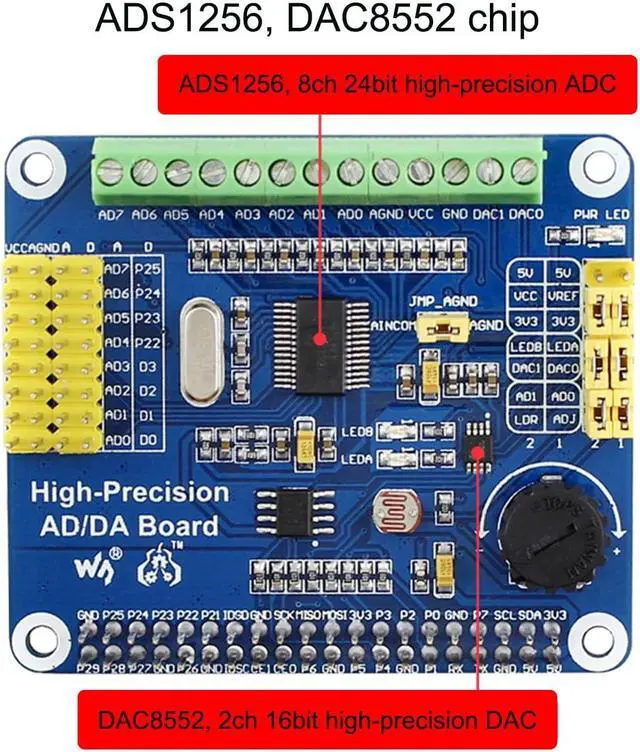 Alt view image 2 of 5 - High-Precision AD/DA Expansion Board for Raspberry Pi 4B/Raspberry Pi 3B+/Raspberry Pi3B/2B/Raspberry Pi Zero/Zero W/Zero WH/Raspberry Pi Zero 2W/ Zero 2WH/Jetson Nano, Onboard ADS1256/ DAC8552 Chip