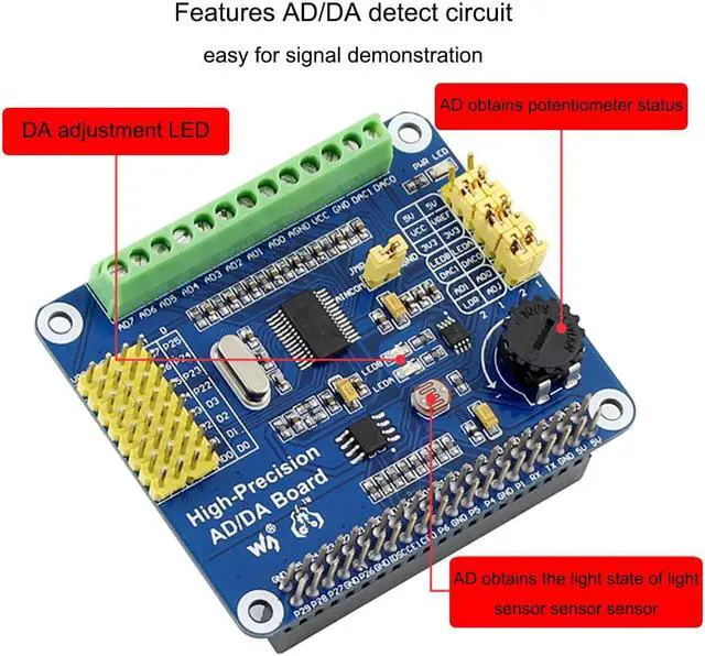 Alt view image 3 of 5 - High-Precision AD/DA Expansion Board for Raspberry Pi 4B/Raspberry Pi 3B+/Raspberry Pi3B/2B/Raspberry Pi Zero/Zero W/Zero WH/Raspberry Pi Zero 2W/ Zero 2WH/Jetson Nano, Onboard ADS1256/ DAC8552 Chip