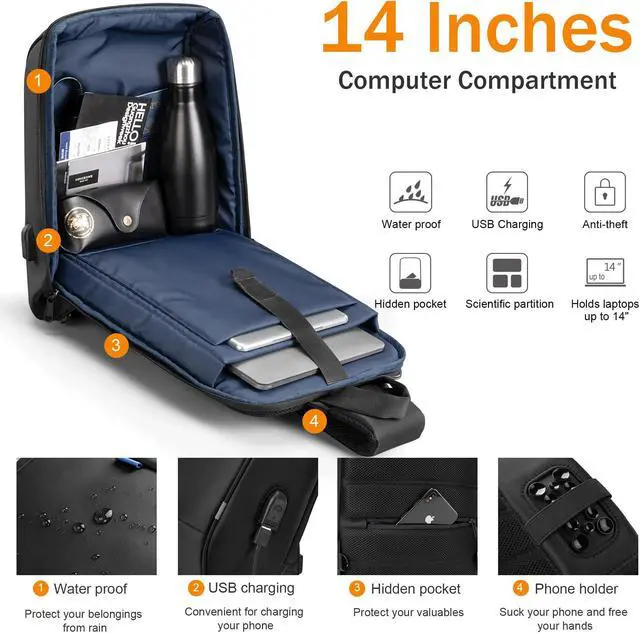 Alt view image 2 of 5 - Kingsons Laptop Sling Backpack Sling Bag - Hiking Daypack 13 Inch Travel Bags for Men, Single Shoulder Dayback with USB Charging Port for Commuting