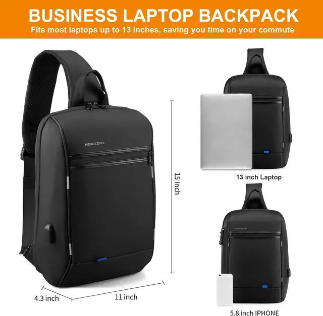 Alt view image 4 of 5 - Kingsons Laptop Sling Backpack Sling Bag - Hiking Daypack 13 Inch Travel Bags for Men, Single Shoulder Dayback with USB Charging Port for Commuting