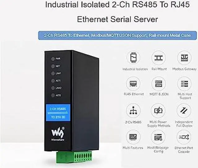 Alt view image 2 of 5 - 2-Ch RS485 to Ethernet Converter Industrial Isolated Serial Server, 2-Ch RS485 Independent Operation, Dual RJ45 Ethernet Ports, Modbus Gateway MQTT Gateway JSON Support, Rail-mount Metal Case