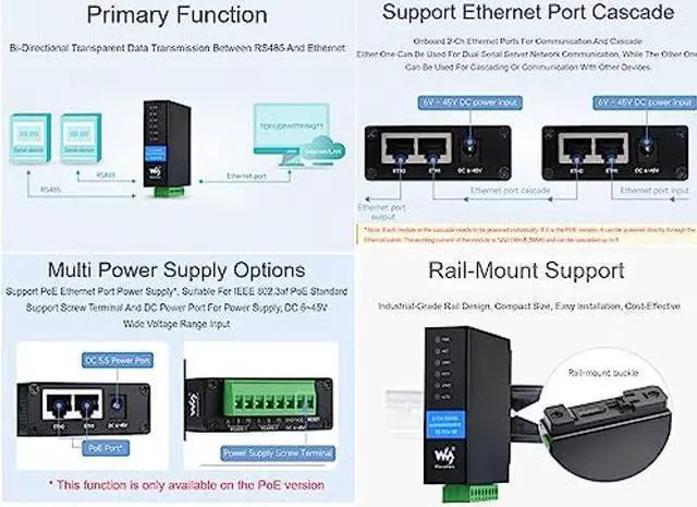 Alt view image 3 of 5 - 2-Ch RS485 to Ethernet Converter Industrial Isolated Serial Server, 2-Ch RS485 Independent Operation, Dual RJ45 Ethernet Ports, Modbus Gateway MQTT Gateway JSON Support, Rail-mount Metal Case