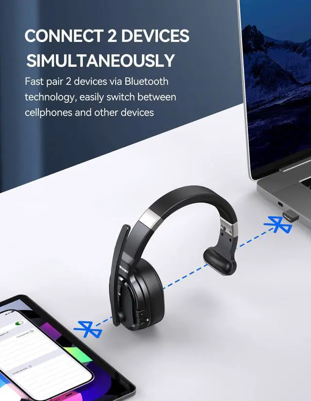Alt view image 4 of 5 - TECKNET Trucker Bluetooth Headset, AI Noise Canceling 70h Wireless Headphones Bluetooth with Microphone & Dongle, ENC Headset with Mute for PC Phone Laptop Office Home, All Day Comfort