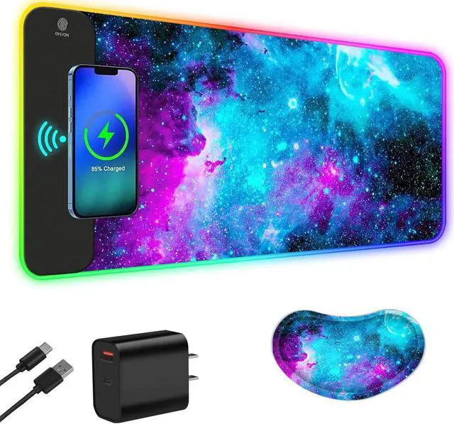 Main image of ToLuLu Wireless Charging RGB Gaming Mouse Pad, 15W LED Mouse Mat with 30W Charger, 14 Light Modes Large Mousepad with Wrist Support, Non-Slip Rubber Base Desk Mat Computer Keyboard Pad, Galaxy Nebula