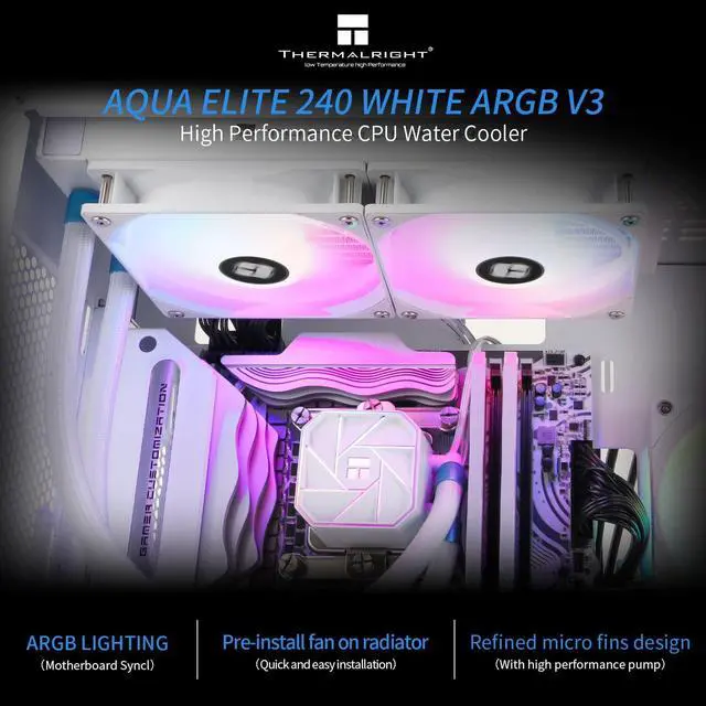 Alt view image 2 of 5 - Thermalright Aqua Elite 240 White V3 AIO CPU Cooler, 240mm Liquid Cooling, ARGB PWM Fans, Intel LGA1150-1200/2011/1700, AMD AM4/AM5