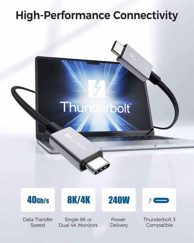 Alt view image 2 of 5 - Cable Matters [Intel Certified] Braided 40Gbps Thunderbolt 4 Cable 3.3ft Black, with 240W Charging Power Delivery and 8K Video - Fully Compatible with Thunderbolt 3, USB 4 for Apple MacBook Pro, iMac