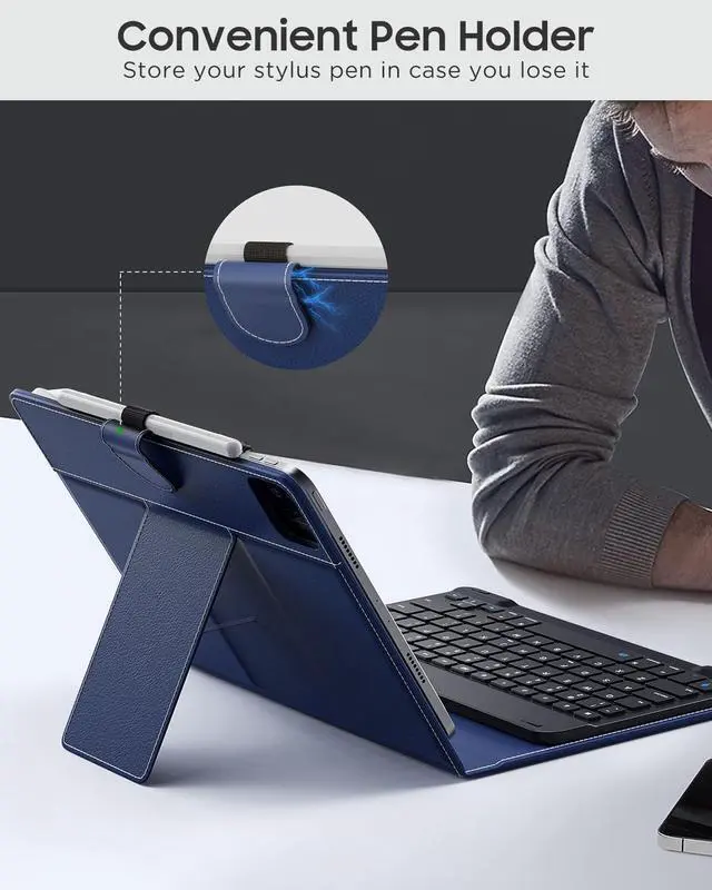 Alt view image 3 of 5 - MoKo Universal Tablet Case with QWERTY Keyboard for 9",9.7",10.1",10.2",10.4",10.5",10.9",11" Tablets, with Removable Wireless Bluetooth Keyboard&Pen Holder for iPad, Samsung, Fire, Pixel, Dark Blue