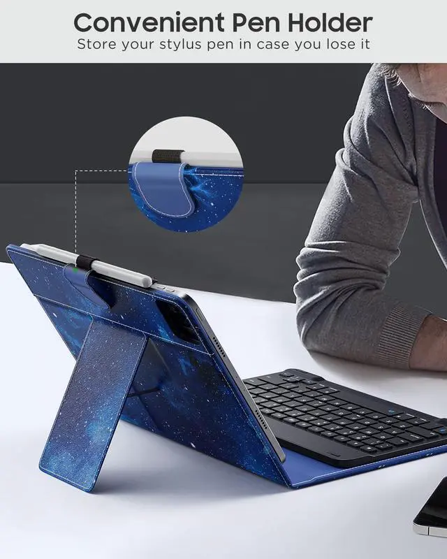 Alt view image 3 of 5 - MoKo Universal Tablet Case with QWERTY Keyboard for 9",9.7",10.1",10.2",10.4",10.5",10.9",11" Tablet, with Removable Wireless Bluetooth Keyboard&Pen Holder for iPad Samsung Fire Pixel, Blue Starry Sky