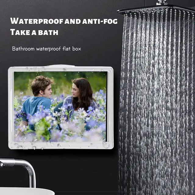 Alt view image 4 of 5 - ABHILWY Shower Ipad Holder Waterproof Wall Mounted Upgrade,Bathroom Tablet Case Mount Shelf Rotation,Adhesive Touchable Cradle with Glass Mirror Anti-Fog Screen for Kitchen 12.9 inches Luxury