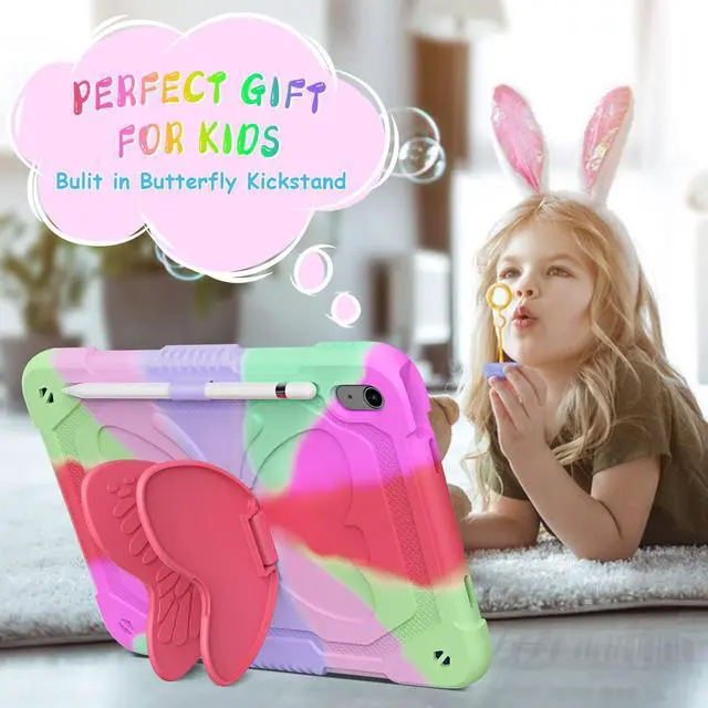 Alt view image 2 of 5 - Ambison iPad 10th Generation Case 10.9" 2022 for Kids Girls, with Tempered Glass Screen Protector, Shoulder Strap|Shockproof Sturdy Cute Cover 10th Gen iPad Case with Butterfly Stand((Rose Red)