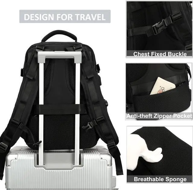 Alt view image 5 of 5 - Travel Backpack for Women Men 15.6 Inch Laptop Backpacks with USB Port Carry on Backpack Flight Approved Large Back Packs College Bookbags Outdoor Sports Hiking Rucksack Casual Daypack (Black)