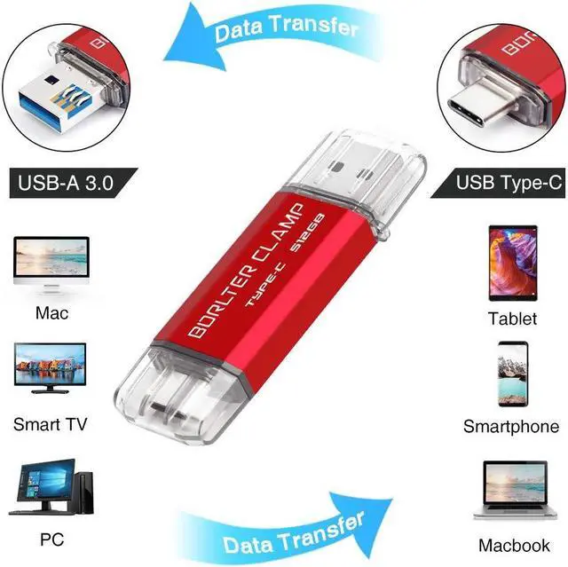 Alt view image 2 of 5 - 512GB USB 3.0 Type C Flash Drive Dual Port, BorlterClamp USB C OTG Memory Stick for Android Smartphones Samsung Galaxy S10/S9/S8/Note 9, LG, Google Pixel, PC (Red)