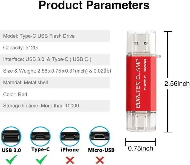 Alt view image 3 of 5 - 512GB USB 3.0 Type C Flash Drive Dual Port, BorlterClamp USB C OTG Memory Stick for Android Smartphones Samsung Galaxy S10/S9/S8/Note 9, LG, Google Pixel, PC (Red)