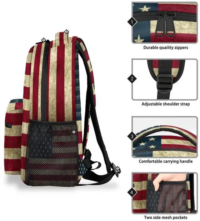Alt view image 5 of 5 - American Flag Backpack for School, Retro Rustic Patriotic USA Flag Laptop Backpack Water Resistant Bookbag for Casual Travel Hiking Camping Outdoor Daypack Shoulder Bag for Teenager Boys Girls Kid
