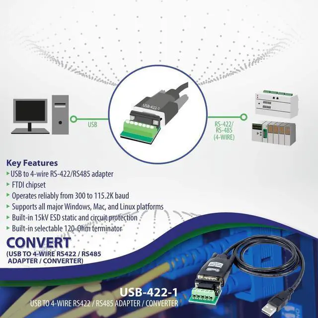 Alt view image 4 of 4 - COMMFRONT USB to 4-Wire RS422 / RS485 Adapter, FTDI Chipset, Built-in 120-Ohm Terminator, Supports All Major Windows, Mac, and Linux