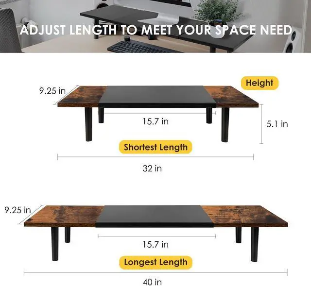 Alt view image 3 of 5 - Across-Star Dual-Monitor-Stand-Riser-For-Desk Adjustable Length 32-40 Inch, Large Desktop Computer Monitor Riser For 2 Screens, Desk Shelf Organizer Riser Stand For Computer/Laptop/PC/Printer/TV Brown