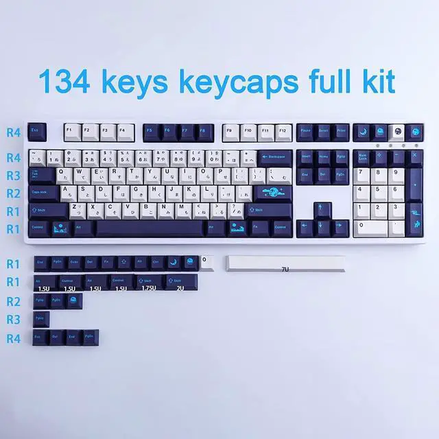 Alt view image 2 of 5 - JOMKIZ PBT Keycaps, 134 Keys Blue Moon Dye Sublimation Cherry Profile Keycaps with 7U Spacebar Japanese Keycap Set for MX Switches Mechanical Keyboards