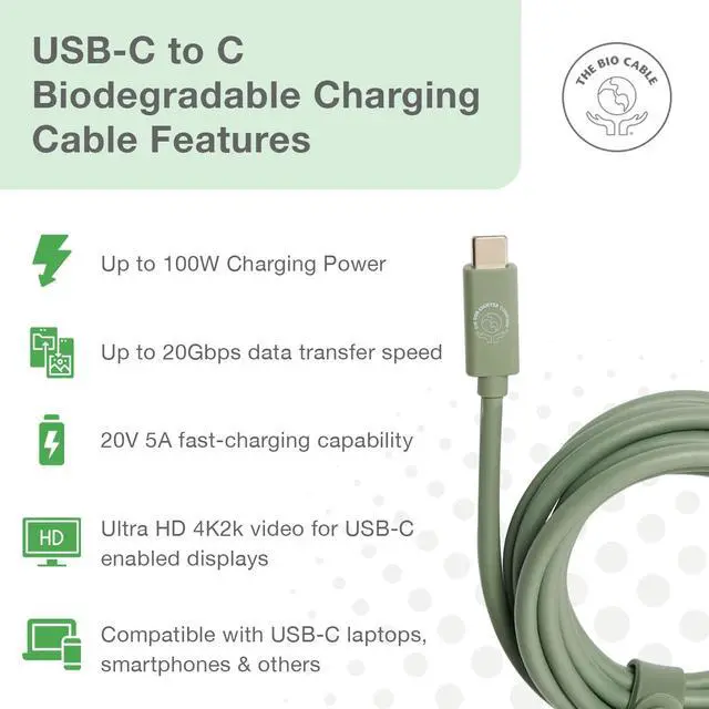 Alt view image 4 of 5 - Type C Charger - 20V 5A Fast Charging Cable with 100W Power Output & 20Gps High-Speed Sync Data - USB-C Charger Compatible with Laptops & Smartphones - 6.5 ft Biodegradable Cord - White
