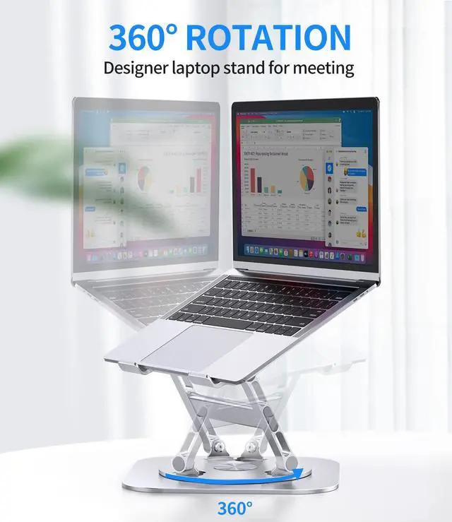 Alt view image 2 of 5 - AOEVI Adjustable Laptop Stand with 360 Rotating Base, Stable Computer Stand for Laptop Ergonimic Foldable Laptop Riser for Desk Compatible with MacBook Pro/Air Notebook up to 16 Inches, Silver