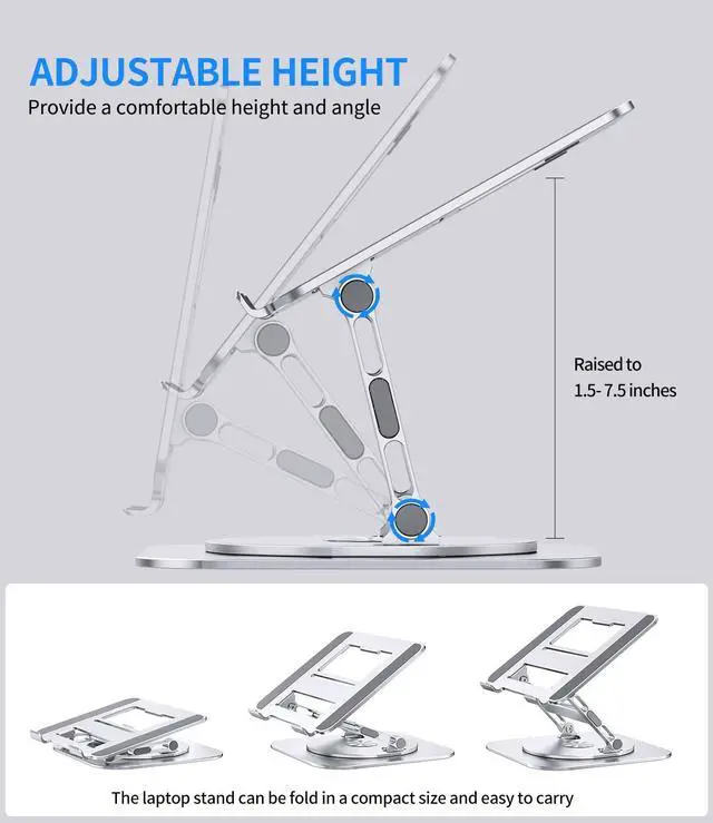 Alt view image 4 of 5 - AOEVI Adjustable Laptop Stand with 360 Rotating Base, Stable Computer Stand for Laptop Ergonimic Foldable Laptop Riser for Desk Compatible with MacBook Pro/Air Notebook up to 16 Inches, Silver