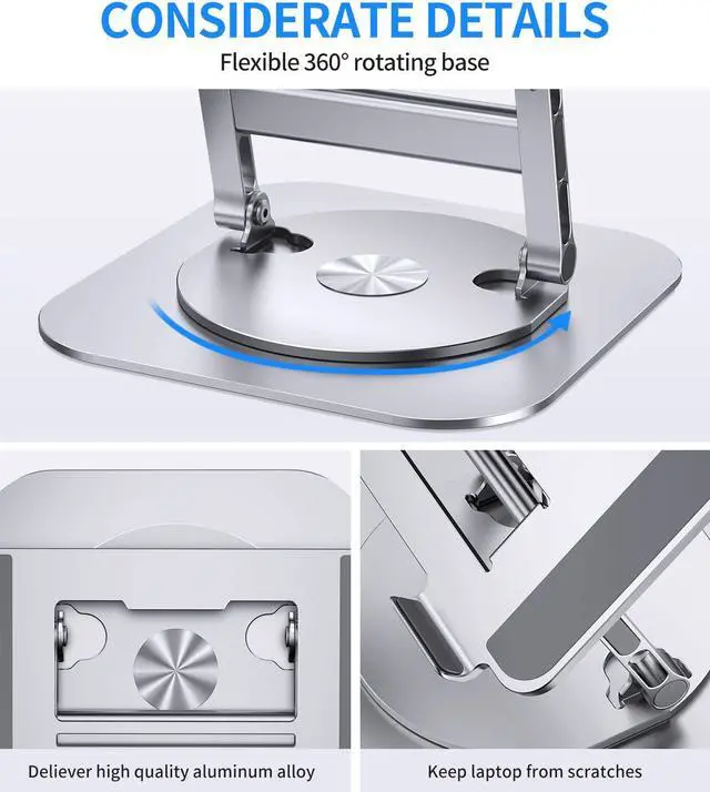 Alt view image 5 of 5 - AOEVI Adjustable Laptop Stand with 360 Rotating Base, Stable Computer Stand for Laptop Ergonimic Foldable Laptop Riser for Desk Compatible with MacBook Pro/Air Notebook up to 16 Inches, Silver