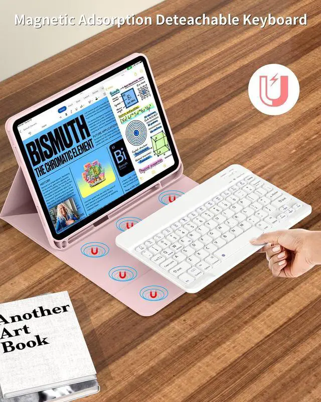 Alt view image 3 of 5 - aoub for iPad 10th Generation Case with Detachable Bluetooth Keyboard, Smart Stand Folio Cover with Pencil Holder for iPad 10th Gen, Pink