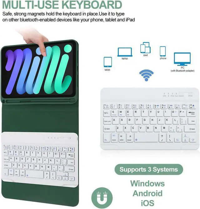 Alt view image 2 of 5 - BORIYUAN iPad mini 6 Keyboard Case 2021, Detachable Wireless Bluetooth Keyboard Slim Folio Smart Cover with Build-in Pencil Holder for iPad mini 6th Generation 8.3 inch  Dark Green
