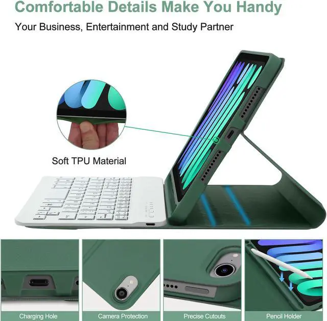 Alt view image 5 of 5 - BORIYUAN iPad mini 6 Keyboard Case 2021, Detachable Wireless Bluetooth Keyboard Slim Folio Smart Cover with Build-in Pencil Holder for iPad mini 6th Generation 8.3 inch  Dark Green