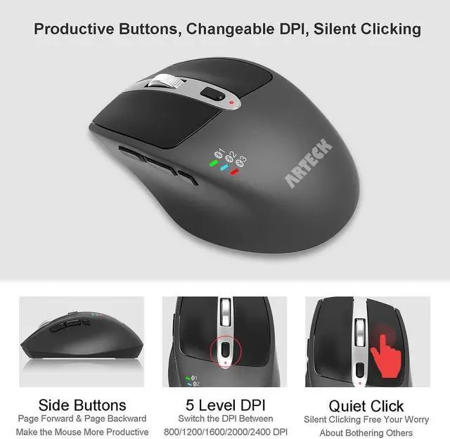 Alt view image 4 of 5 - Arteck Universal Multi-Device Bluetooth Keyboard and Mouse Full Size Wireless Bluetooth Keyboard and Ergonomic Mouse Set for Windows, iOS, Android, Computer Desktop PC Laptop iPad Tablet Smartphone