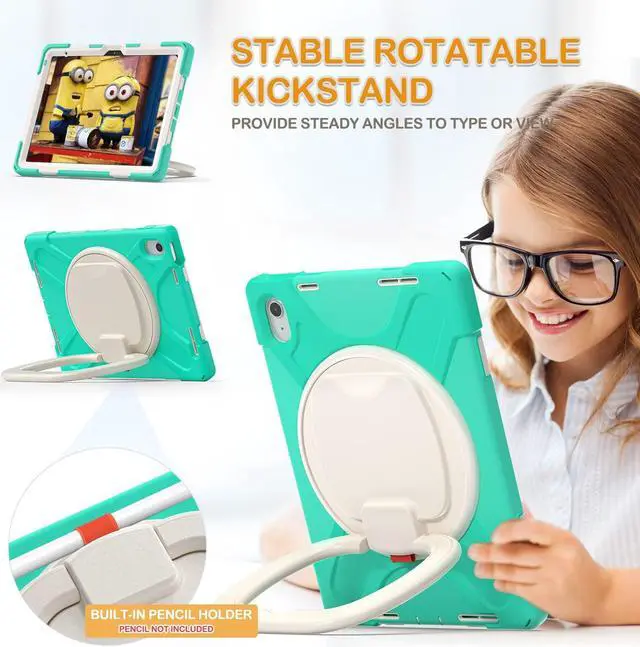 Alt view image 3 of 5 - BRAECN Kids Case for iPad (A16) 11th/10th Generation 11/10.9'' 2025/2022-Shockproof Silicone Cover w/Screen Protector/Pencil Holder/Swivel Handle Grip/Kickstand/Carrying Shoulder Strap, Mint Green