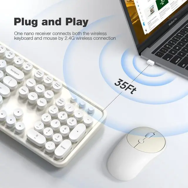 Alt view image 2 of 5 - Atelus Wireless Keyboard and Mouse, Typewriter Full Size Keyboard with Number Pad and 2 in 1 USB Connected Mouse for Windows 7/8/10, Laptop, Desktop, PC, Computer (Off-White)