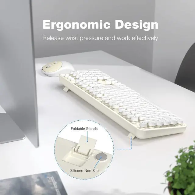 Alt view image 5 of 5 - Atelus Wireless Keyboard and Mouse, Typewriter Full Size Keyboard with Number Pad and 2 in 1 USB Connected Mouse for Windows 7/8/10, Laptop, Desktop, PC, Computer (Off-White)