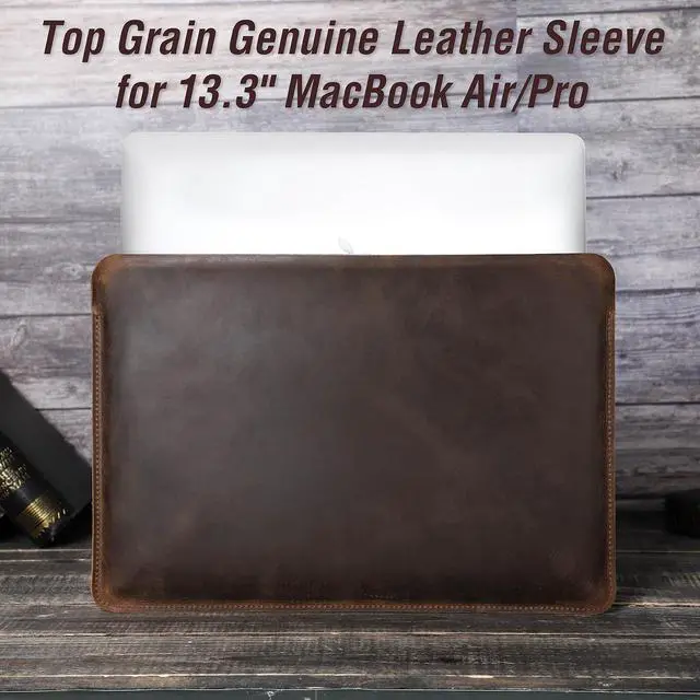 Alt view image 3 of 5 - CataPurus Top Grain Leather 13.3" Slim Laptop Sleeve Protector, Solid Minimalist Vintage Design, Handmade, Compatible with MacBook Pro 13.3" MacBook Air 2022 DELL XPS 13" & other PC, Coffee 13.3 Inch