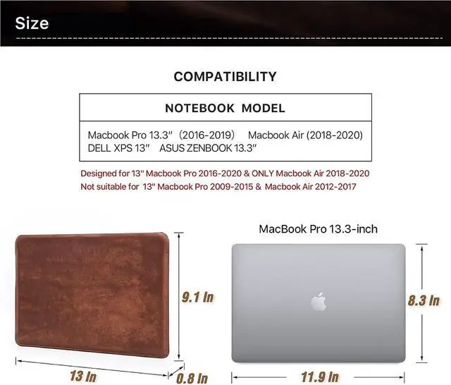 Alt view image 5 of 5 - CataPurus Top Grain Leather 13.3" Slim Laptop Sleeve Protector, Solid Minimalist Vintage Design, Handmade, Compatible with MacBook Pro 13.3" MacBook Air 2022 DELL XPS 13" & other PC, Coffee 13.3 Inch