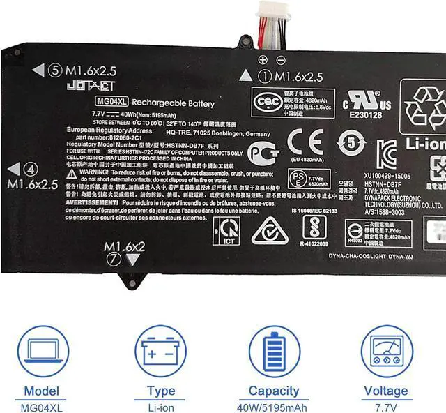 Alt view image 2 of 5 - JOTACT MG04XL HSTNN-DB7F (7.7V 40W/5195mAh) Laptop Battery Compatible with HP Elite x2 1012 G1 V2D16PA V2D62PA V2D63PA Series Notebook MG04 812060-2B1 812060-2C1 812205-001