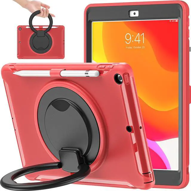 Main image of BATYUE for iPad 9th/ 8th/ 7th Generation Case (iPad 10.2 Case 2021/2020/2019) with Screen Protector,Rugged Case with Rotating Stand/Pencil Holder/Pencil Cap Holder (Red)