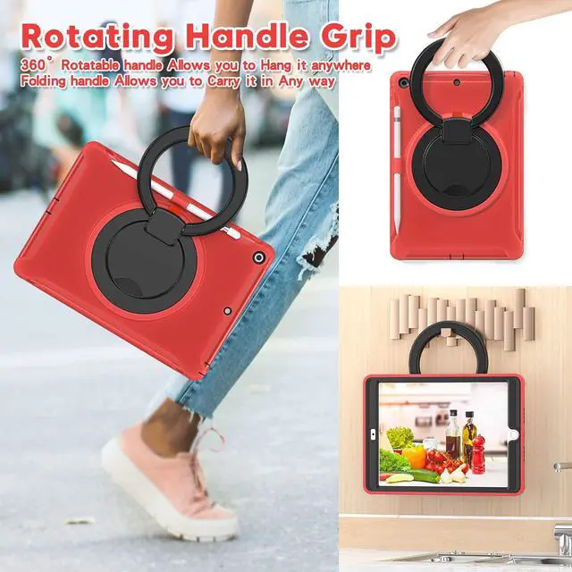 Alt view image 4 of 5 - BATYUE for iPad 9th/ 8th/ 7th Generation Case (iPad 10.2 Case 2021/2020/2019) with Screen Protector,Rugged Case with Rotating Stand/Pencil Holder/Pencil Cap Holder (Red)