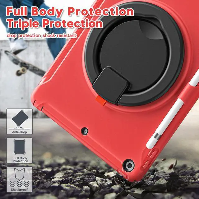 Alt view image 5 of 5 - BATYUE for iPad 9th/ 8th/ 7th Generation Case (iPad 10.2 Case 2021/2020/2019) with Screen Protector,Rugged Case with Rotating Stand/Pencil Holder/Pencil Cap Holder (Red)