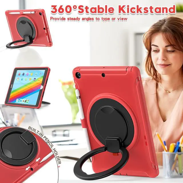 Alt view image 3 of 5 - BATYUE for iPad 9th/ 8th/ 7th Generation Case (iPad 10.2 Case 2021/2020/2019) with Screen Protector,Rugged Case with Rotating Stand/Pencil Holder/Pencil Cap Holder (Red)